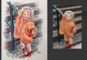 Aquarel van meisje op een trap