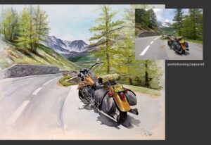 Aquarel motor en landschap