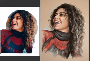 Tekening in kleur van meisje met krullen